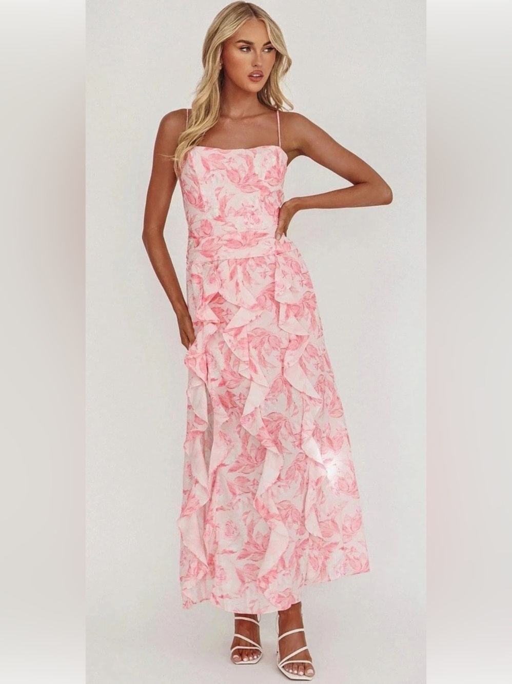 Selfie Leslie Serif ruffle trim solid maxi dress in pink
